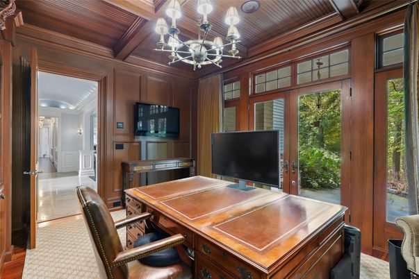 Chandelier, Home Office, Interior, Wooden Beams, Wooden Ceilings, Wood Texture Flooring, Wooden Walls