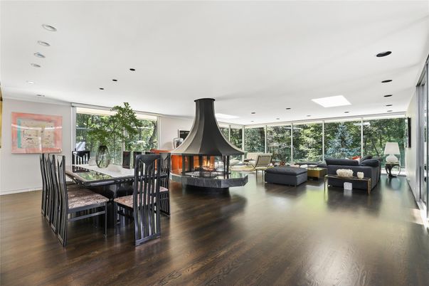 Dining room, Fireplace, Interior, Living room, Recessed Lighting, Wood Texture Flooring
