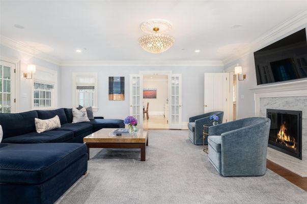 Chandelier, Fireplace, Interior, Living room, Recessed Lighting, Wood Texture Flooring