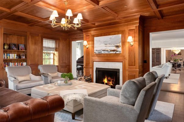 Chandelier, Dining room, Fireplace, Interior, Living room, Wooden Beams, Wooden Ceilings, Wood Texture Flooring, Wooden Walls