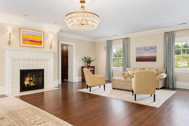 Chandelier, Fireplace, Interior, Living room, Recessed Lighting, Wood Texture Flooring