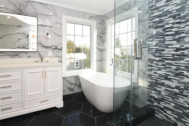 Bathroom, Free Standing Baths, Glass Shower, Interior, Marble, Marble Walls, Recessed Lighting