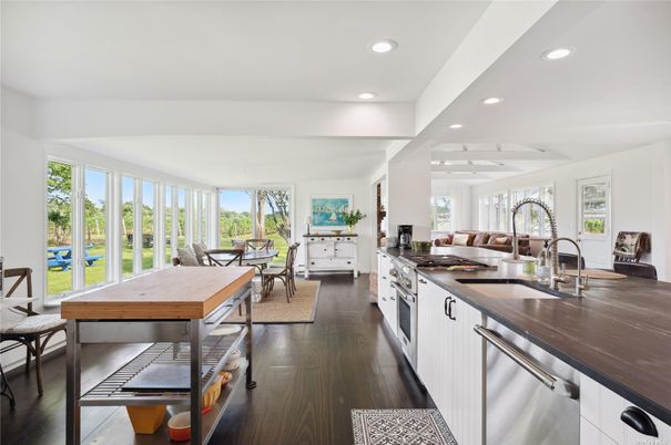 Dining room, Interior, Kitchen, Recessed Lighting, Stainless Steel Appliances, Wood Texture Flooring