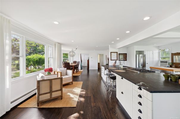 Dining room, Interior, Kitchen, Living room, Pendant Lights, Recessed Lighting, Stainless Steel Appliances, Wood Texture Flooring