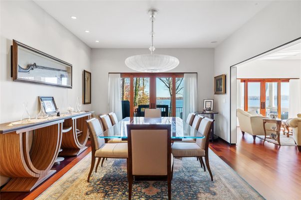 Dining room, Interior, Pendant Lights, Recessed Lighting, Wood Texture Flooring