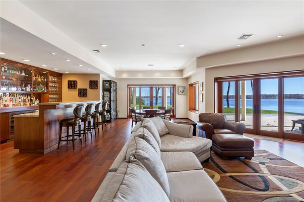 Dining room, Interior, Living room, Recessed Lighting, Water, Wood Texture Flooring