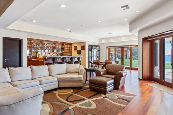 Dining room, Interior, Living room, Recessed Lighting, Wood Texture Flooring