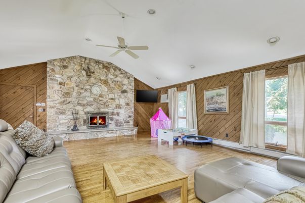 Fireplace, Interior, Living room, Stone Walls, Wood Texture Flooring, Wooden Walls