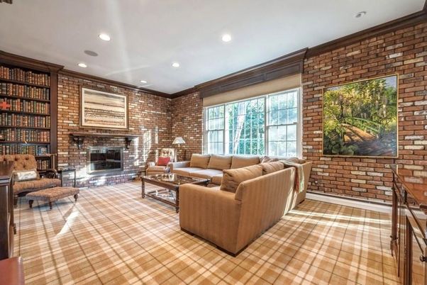 Fireplace, Interior, Living room, Recessed Lighting, Stone Walls