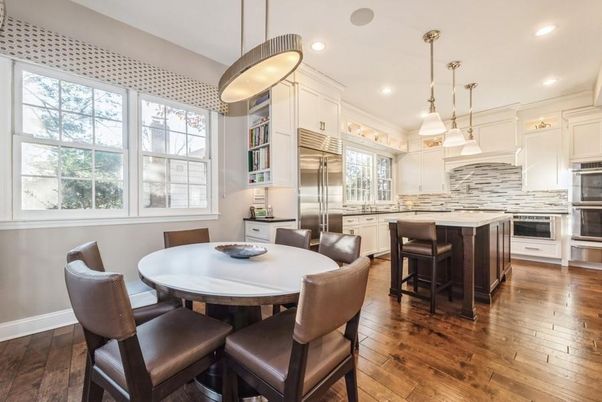 Dining room, Interior, Kitchen, Pendant Lights, Recessed Lighting, Stainless Steel Appliances, Wood Texture Flooring
