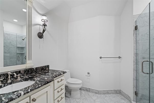 Bathroom, Glass Shower, Interior, Marble, Marble Walls, Recessed Lighting