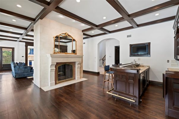Fireplace, Interior, Kitchen, Recessed Lighting, Wooden Beams, Wood Texture Flooring