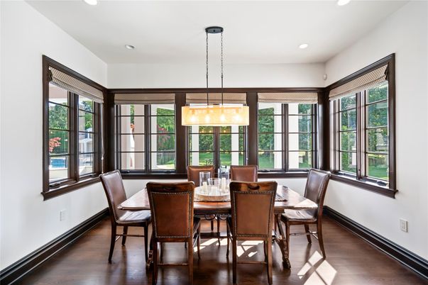 Dining room, Interior, Pendant Lights, Recessed Lighting, Wood Texture Flooring