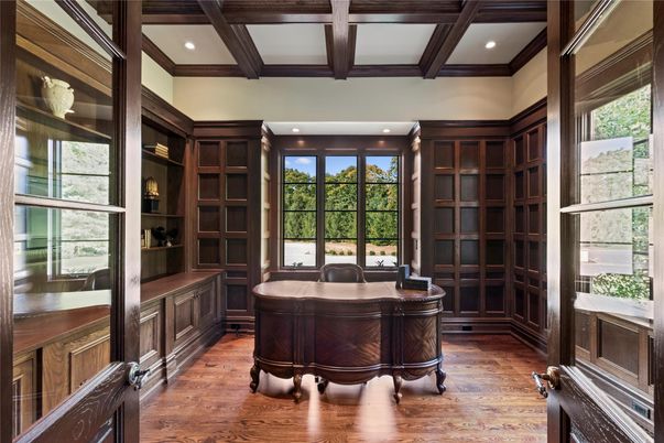 Home Office, Interior, Recessed Lighting, Wooden Beams, Wood Texture Flooring