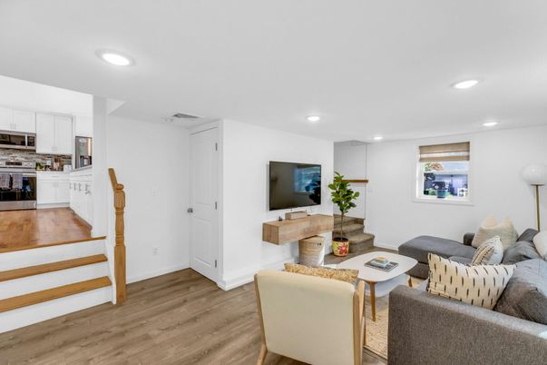 Interior, Kitchen, Living room, Recessed Lighting, Stainless Steel Appliances, Wood Texture Flooring