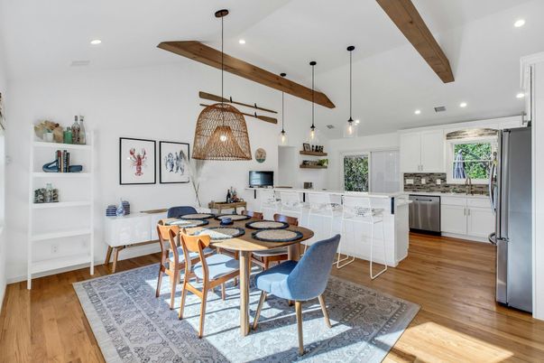 Dining room, Interior, Kitchen, Pendant Lights, Recessed Lighting, Stainless Steel Appliances, Wooden Beams, Wood Texture Flooring