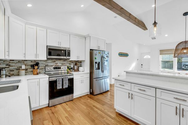 Interior, Kitchen, Pendant Lights, Recessed Lighting, Stainless Steel Appliances, Wooden Beams, Wood Texture Flooring