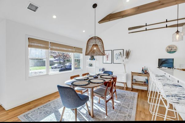 Dining room, Interior, Pendant Lights, Recessed Lighting, Wooden Beams, Wood Texture Flooring
