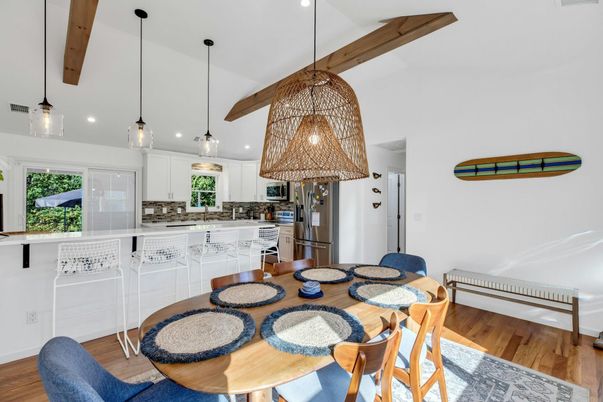 Dining room, Interior, Kitchen, Pendant Lights, Recessed Lighting, Stainless Steel Appliances, Wooden Beams, Wood Texture Flooring