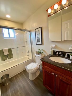 Bathroom, Glass Shower, Interior, Recessed Lighting, Wood Texture Flooring