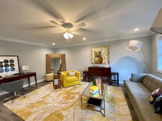 Home Office, Interior, Living room, Piano, Recessed Lighting, Wood Texture Flooring