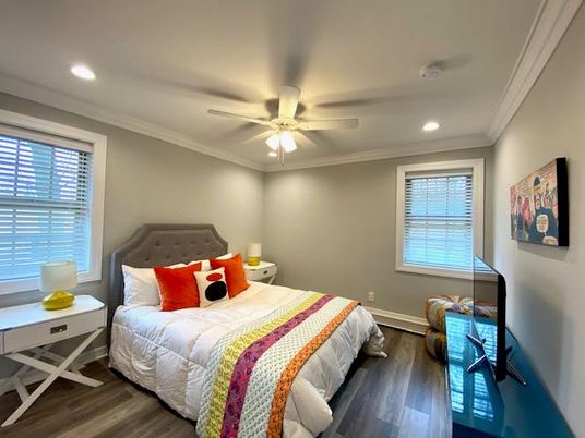 Bedroom, Interior, Recessed Lighting, Wood Texture Flooring