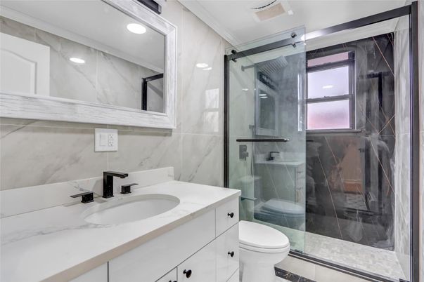 Bathroom, Glass Shower, Interior, Marble Walls, Recessed Lighting