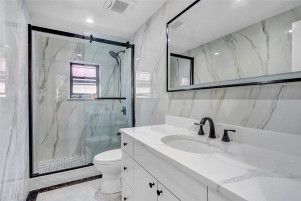 Bathroom, Glass Shower, Interior, Marble, Marble Walls, Recessed Lighting
