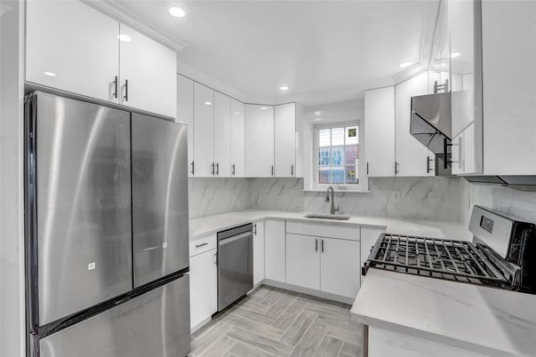 Interior, Kitchen, Recessed Lighting, Stainless Steel Appliances, Wood Texture Flooring