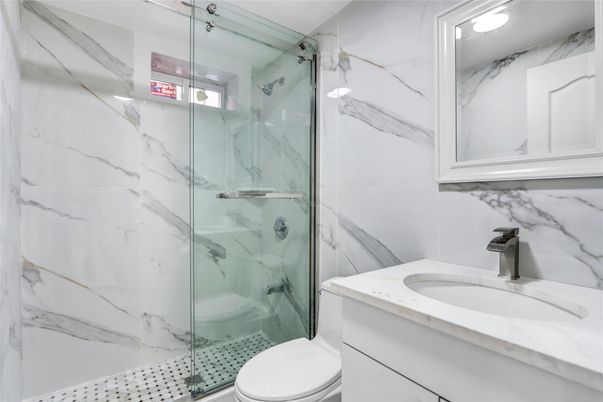 Bathroom, Glass Shower, Interior, Marble Walls, Recessed Lighting