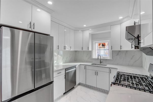 Interior, Kitchen, Marble, Marble Walls, Recessed Lighting, Stainless Steel Appliances
