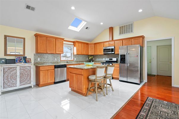 Interior, Kitchen, Marble, Recessed Lighting, Stainless Steel Appliances, Wood Texture Flooring
