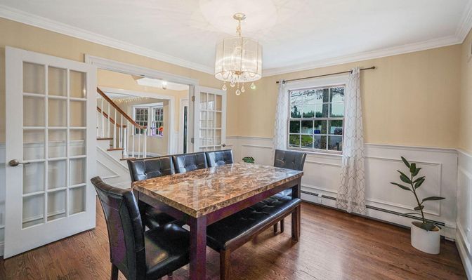 Chandelier, Dining room, Interior, Wood Texture Flooring