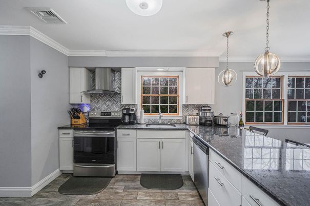 Interior, Kitchen, Pendant Lights, Stainless Steel Appliances, Wood Texture Flooring
