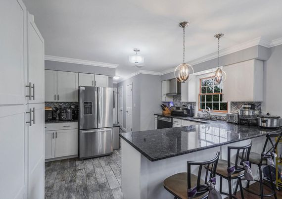 Interior, Kitchen, Pendant Lights, Stainless Steel Appliances, Wood Texture Flooring