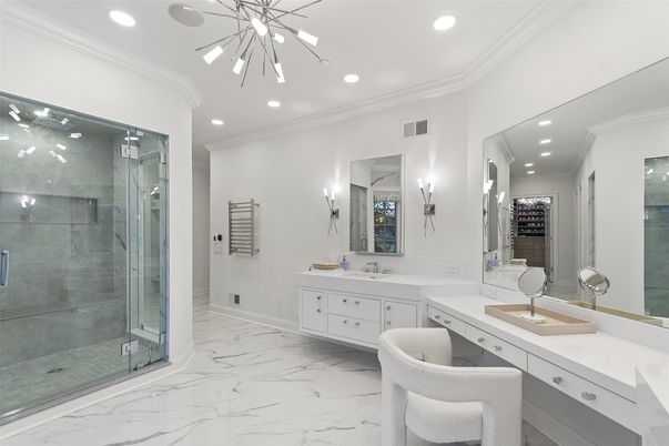 Bathroom, Dual Sink Vanities, Glass Shower, Interior, Marble, Recessed Lighting