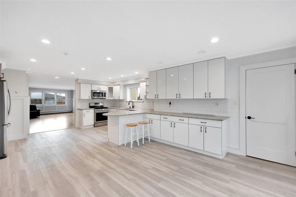 Interior, Kitchen, Recessed Lighting, Stainless Steel Appliances, Wood Texture Flooring