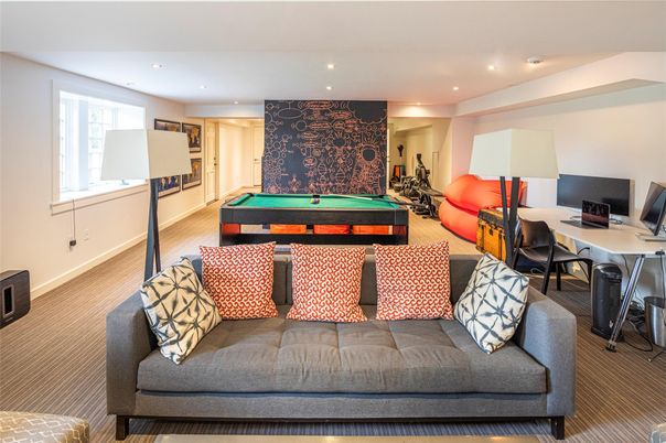 Billiard Table, Game Room, Home Office, Interior, Recessed Lighting, Wood Texture Flooring