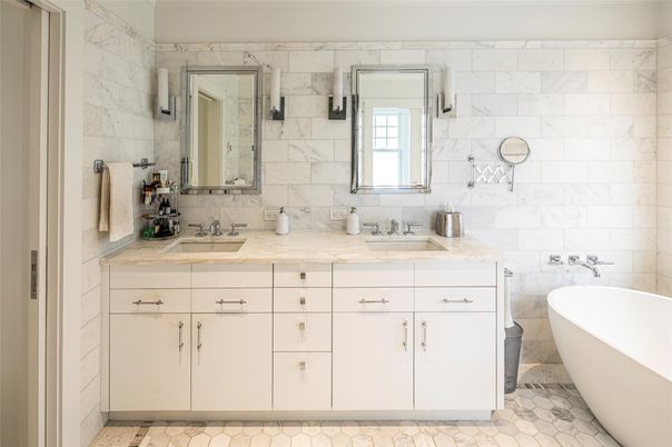 Bathroom, Dual Sink Vanities, Free Standing Baths, Interior, Marble Walls