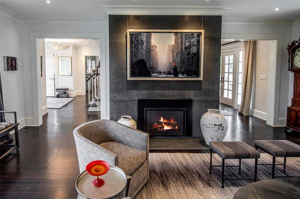 Fireplace, Interior, Recessed Lighting, Wood Texture Flooring