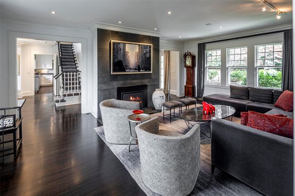 Fireplace, Interior, Living room, Recessed Lighting, Wood Texture Flooring