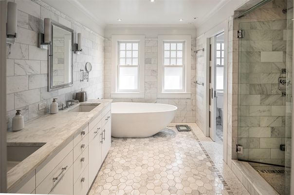 Bathroom, Dual Sink Vanities, Free Standing Baths, Glass Shower, Interior, Marble Walls, Recessed Lighting