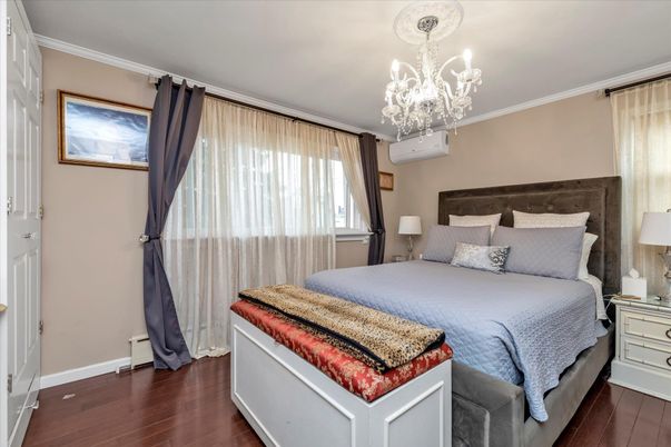 Bedroom, Chandelier, Interior, Wood Texture Flooring