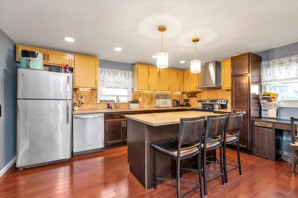 Interior, Kitchen, Pendant Lights, Recessed Lighting, Stainless Steel Appliances, Wood Texture Flooring