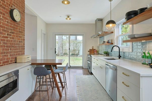 Dining room, Interior, Kitchen, Pendant Lights, Recessed Lighting, Stainless Steel Appliances, Stone Walls, Wood Texture Flooring