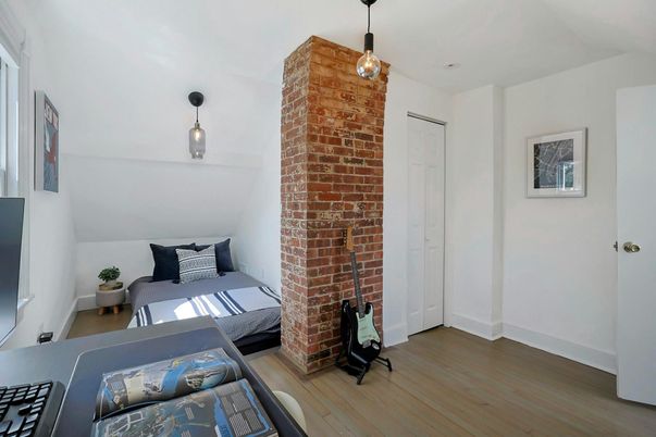 Bedroom, Interior, Pendant Lights, Stone Walls, Wood Texture Flooring