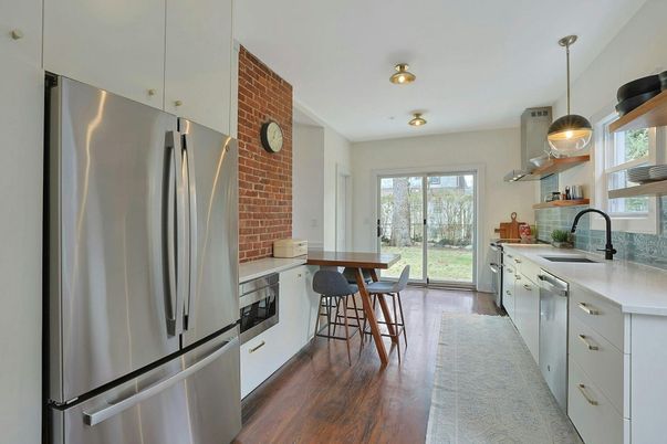 Interior, Kitchen, Pendant Lights, Stainless Steel Appliances, Stone Walls, Wood Texture Flooring