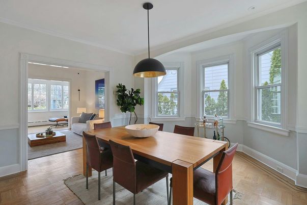 Dining room, Interior, Living room, Pendant Lights, Wood Texture Flooring