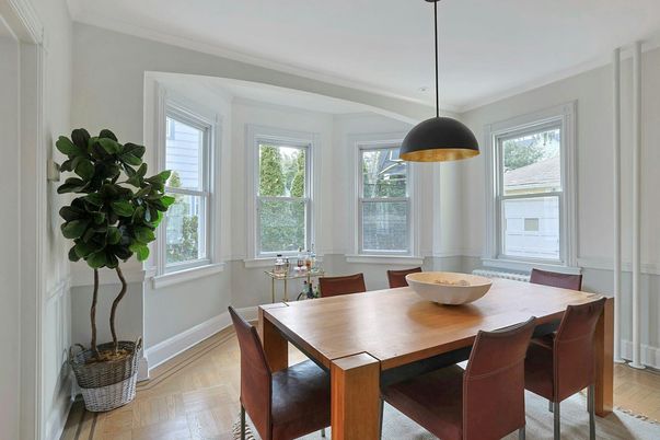Dining room, Interior, Pendant Lights, Wood Texture Flooring
