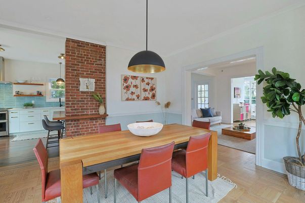 Dining room, Interior, Kitchen, Living room, Pendant Lights, Stone Walls, Wood Texture Flooring